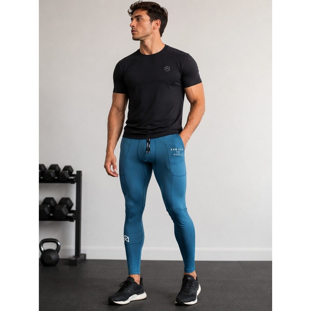 RAW Gear Men’s Compression Leggings Blue Athletic Training Gym Activewear Size S